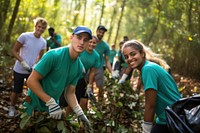 Volunteer gardening outdoors woodland. 