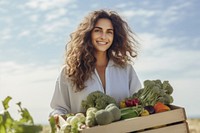 Vegetable wooden box holding adult woman. 