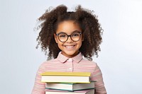 Black children girl glasses smiling reading. 