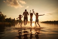 Happy family child lake swimming. 