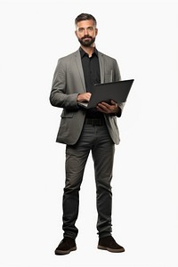 Man holding laptop computer standing portrait. AI generated Image by rawpixel.