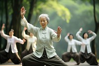 Senior Asian women doing Tai Chi exercise. 