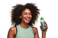 Black woman bottle laughing sports. 