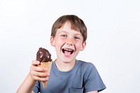 Kid holding chocolate ice cream dessert smiling eating. 