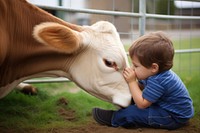 Kid petting cow livestock portrait mammal. 