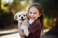 Kids hugging dog portrait smiling mammal. 