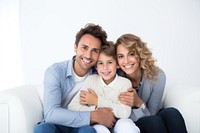 Smiling woman hugging family furniture adult sofa. 