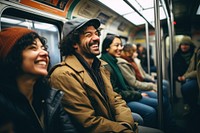 Subway train laughing smiling people. 