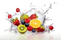 Water splash fruit strawberry blueberry. 