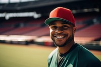 Baseball player portrait smiling stadium. 