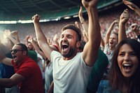 Happy people celebrating shouting laughing stadium. 