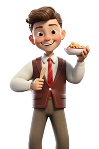 Retro kid wearing retro school uniform eating a cereal cartoon food white background. 