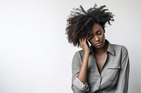 Depressed adult woman white background. 