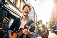 French man enjoying a band playing musician laughing guitar. AI generated Image by rawpixel.