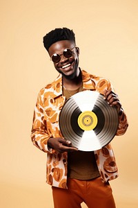 African afrobeat singer holding a small record portrait adult white background. 