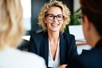 Female lawyer talking glasses office. 