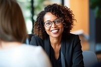 Female lawyer talking glasses office. 