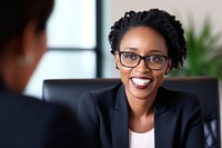 Female lawyer talking glasses office. 