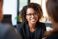 Female lawyer talking glasses office. 