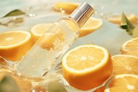 Skincare bottle in lemon slices. 