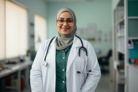 A plus size muslim female doctor hospital smiling adult. 