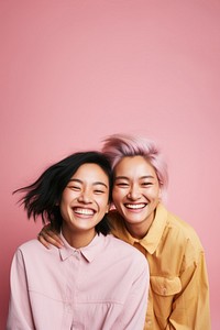 Asian lesbian couple laughing portrait smile. 