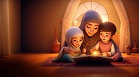 Muslim reading quran cartoon light togetherness. 