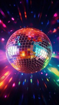 Colorful disco mirror ball nightclub sphere illuminated. 