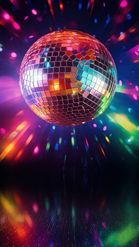 Colorful disco mirror ball nightclub sphere illuminated. 