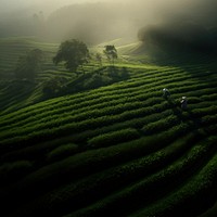 A Chinese tea pickers in a serene tea garden.  