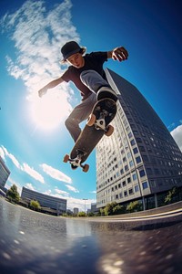 Boy playing a skateboard architecture building photo. 