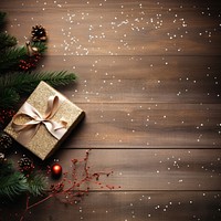 flatlay photo of christmas gift box ribbon ornaments pine branch mistletoe glitter minimal on wood table. 