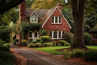 Traditional brick house architecture outdoors driveway. 