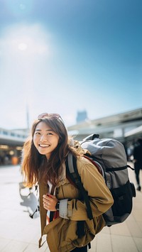 Dragging baggage backpack smile adult. 