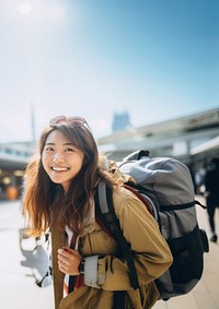 Dragging baggage backpack smile adult. 