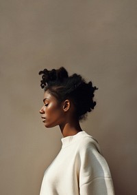 Black woman wearing white sweater portrait adult contemplation. 