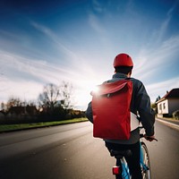 photo of a delivery rider wearing color jacket back view with white plain bag on a bike.  