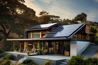 House with solar panels architecture building outdoors. 