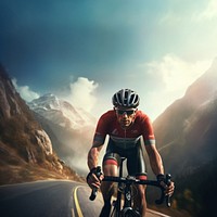 photorealistic of a male race cyclist driving up mountain road.  