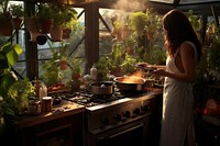 Kitchen adult plant woman. 