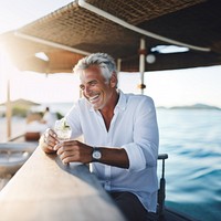 Close up photo of a middle-age men wearing white linen shirt. 