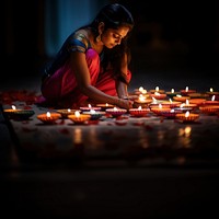 close up shot of Indian woman hand lighting diyas on Rangoli decorations on floor in Diwali festival. 