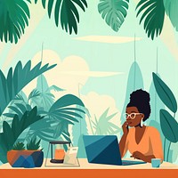 flat illustration of african american woman talking on phone while work with laptop on table. 