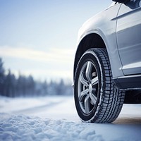 photo of Winter tire. Car on snow road.  