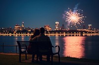 Fireworks show night architecture cityscape. 