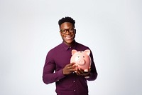 Piggybank holding adult man. 