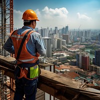 Photo of an asian construction worker working on the top of the building under construction. 