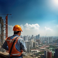 Photo of an asian construction worker working on the top of the building under construction. 