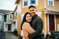 Couple hugging architecture building outdoors. 