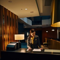 Photo of female receptionist working at counter of hotel. 